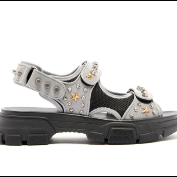 GUCCI Stud Embellished Silver Grey Leather Sandals - Picture 7 of 8